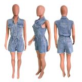 Short Sleeve Loose Tie Up Denim Romper LX-6026