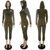 Fashion Zipper Polka Dot Patchwork Hooded Two Piece Set LSL-6228