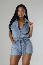 Short Sleeve Loose Tie Up Denim Romper LX-6026