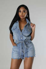 Short Sleeve Loose Tie Up Denim Romper LX-6026