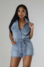 Short Sleeve Loose Tie Up Denim Romper LX-6026