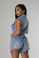 Short Sleeve Loose Tie Up Denim Romper LX-6026