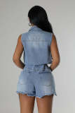 Short Sleeve Loose Tie Up Denim Romper LX-6026