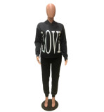 Letter Print Hooded Long Sleeve Two Piece Pants Set QZX-6296