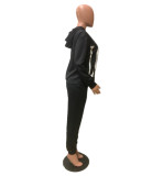 Letter Print Hooded Long Sleeve Two Piece Pants Set QZX-6296