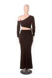 Solid Color Slash Shoulder Drawstring Skirt Suit GXYF-0420