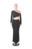 Solid Color Slash Shoulder Drawstring Skirt Suit GXYF-0420