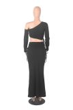 Solid Color Slash Shoulder Drawstring Skirt Suit GXYF-0420