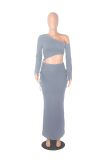 Solid Color Slash Shoulder Drawstring Skirt Suit GXYF-0420