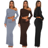 Solid Color Slash Shoulder Drawstring Skirt Suit GXYF-0420