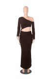 Solid Color Slash Shoulder Drawstring Skirt Suit GXYF-0420