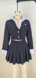 Casual Suit Collar Fake Two Piece Top Pleated Skirt Set MDF-L5552