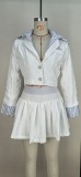 Casual Suit Collar Fake Two Piece Top Pleated Skirt Set MDF-L5552