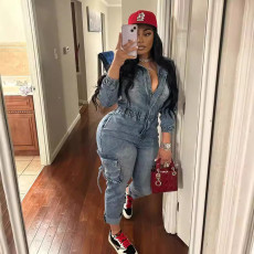 Fashon Long Sleeve Washed Denim Jumpsuit MEM-88596