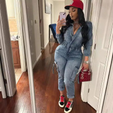 Fashion Long Sleeve Washed Denim Jumpsuit MEM-88596