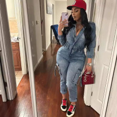 Fashon Long Sleeve Washed Denim Jumpsuit MEM-88596
