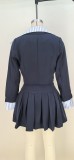 Casual Suit Collar Fake Two Piece Top Pleated Skirt Set MDF-L5552