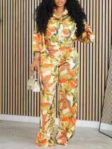 Print Long Sleeve Shirt Wide Leg Pants Suit GMLF-3293