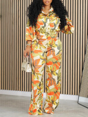 Print Long Sleeve Shirt Wide Leg Pants Suit GMLF-3293