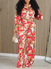 Print Long Sleeve Shirt Wide Leg Pants Suit GMLF-3293