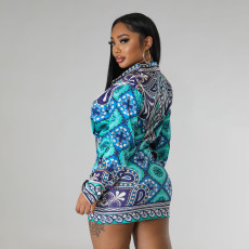 Casual Print Long Sleeve Shirt Skirts Two Piece Set YNSF-2656