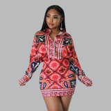 Casual Print Long Sleeve Shirt Skirts Two Piece Set YNSF-2656