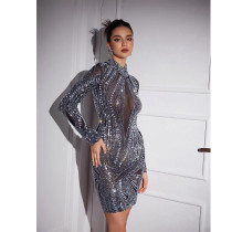 Fashion Long Sleeve Hot Drill Mini Dress BY-7063