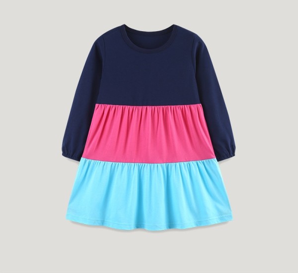 Kids Girls Color Block Long Sleeve Princess Dress GASD-1564