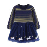 Kids Girls Cartoon Embroidered Striped Princess Dress GASD-1554