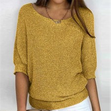 Plus Size Solid Color Round Neck 3/4 Sleeve Knit Top GBLH-9008#