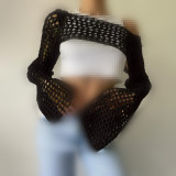 Hollow Out Solid Color Long Sleeve Knit Smock GBLH-94251#