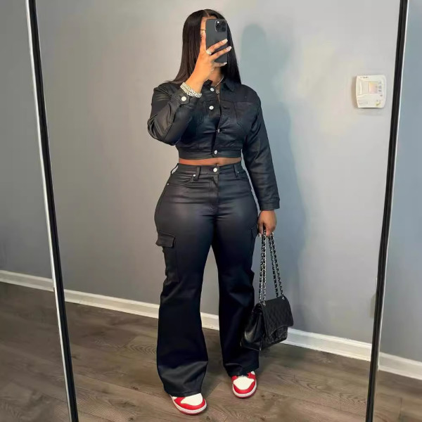 Suit Leather Coat Sport Pants 2 Piece Set LSD-2257