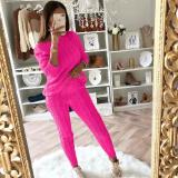 Plus Size Solid Long Sleeve Sweater Two Piece Pants Set GBLH-1118#