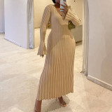 Flare Long Sleeve V Neck Knits Long Dress GBLH-9837#