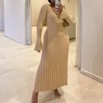 Flare Long Sleeve V Neck Knits Long Dress GBLH-9837#