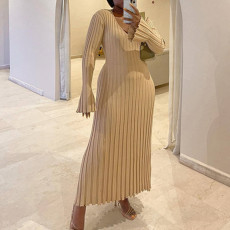 Flare Long Sleeve V Neck Knits Long Dress GBLH-9837#