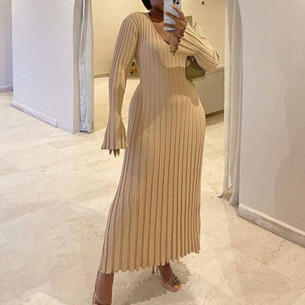 Flare Long Sleeve V Neck Knits Long Dress GBLH-9837#