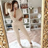 Plus Size Solid Long Sleeve Sweater Two Piece Pants Set GBLH-1118#