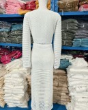 Tie Up V-neck Top+Cutout Long Skirt Knit Two-piece Set GBLH-9001#