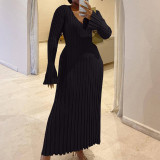 Flare Long Sleeve V Neck Knits Long Dress GBLH-9837#