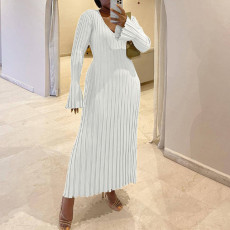 Flare Long Sleeve V Neck Knits Long Dress GBLH-9837#
