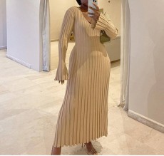 Long Sleeve V Neck Knits Maxi Dress GBLH-9516#
