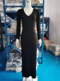 Flare Long Sleeve V Neck Knits Long Dress GBLH-9837#