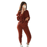 Plus Size Solid Long Sleeve Sweater Two Piece Pants Set GBLH-1118#