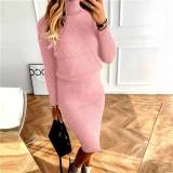 Plus Size High Neck Knits Pullover Sweater Two Piece Skirts Set GBLH-825#