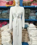 Tie Up V-neck Top+Cutout Long Skirt Knit Two-piece Set GBLH-9001#