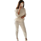 Plus Size Solid Long Sleeve Sweater Two Piece Pants Set GBLH-1118#