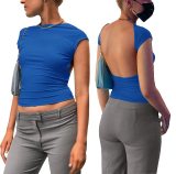 Solid Color Backless Short Sleeve Tops GBLH-9863#