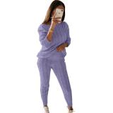 Plus Size Solid Long Sleeve Sweater Two Piece Pants Set GBLH-1118#