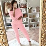 Plus Size Solid Long Sleeve Sweater Two Piece Pants Set GBLH-1118#